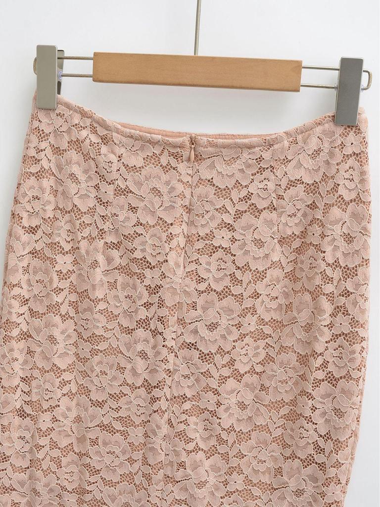 Light Luxury Nude Pink Lace High-Waisted Midi Pencil Skirt for Women – Flirty, Alluring, Figure-Hugging Autumn/Winter Style