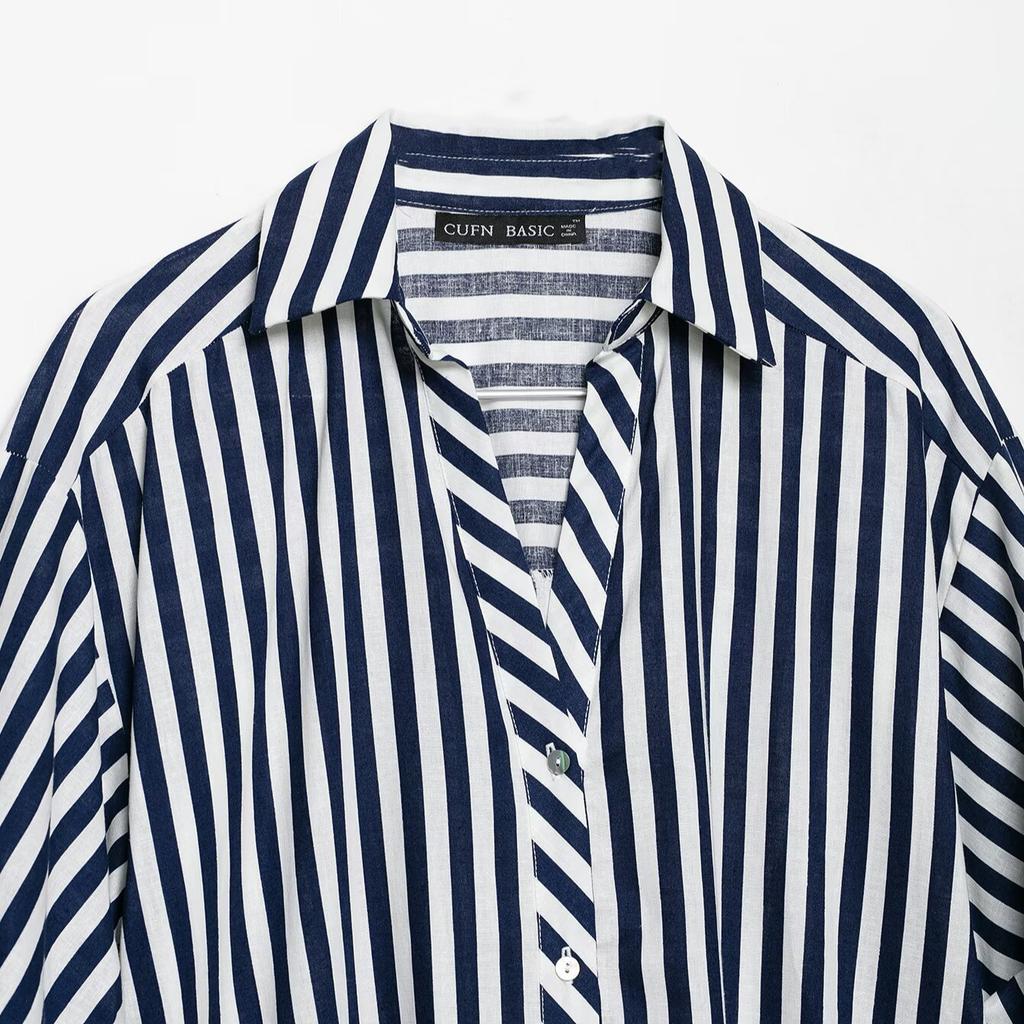European and American style, new women's clothing, foreign style, bubble sleeves, long sleeves, V-neck linen striped shirt