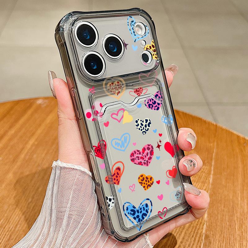 Card Slot Pocket TPU Case For iPhone 17 Pro Air 16e 16 15 14 13 Pro Max 12 11 Leopard Print Love Heart Pattern Soft Phone Cover