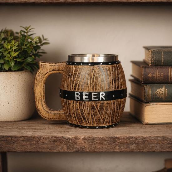 Stainless Steel Beer Mug  Wood Barrel Design Steins