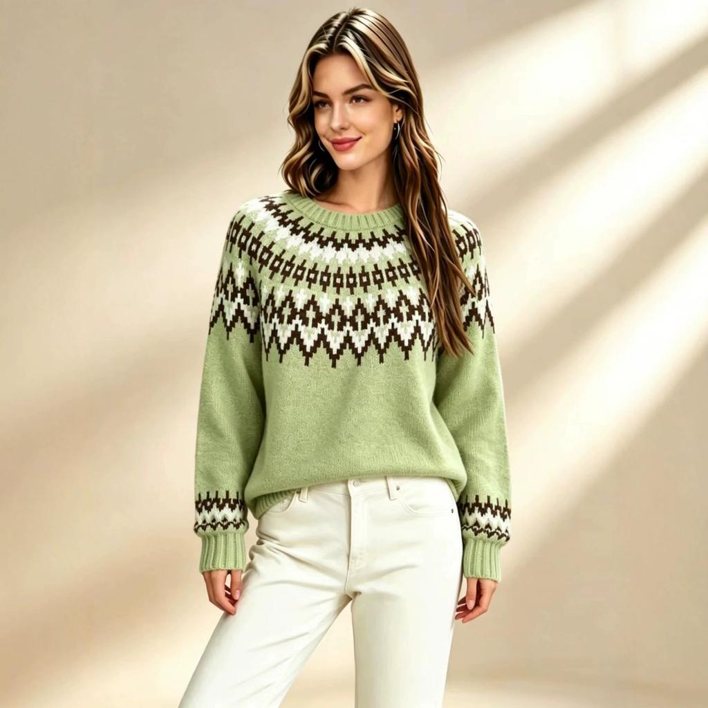 2026 Autumn and Winter Retro Fair Island Jacquard Crew Neck Sweater Women's Loose Lazy Soft Waxy Knitted Sweater Jumper