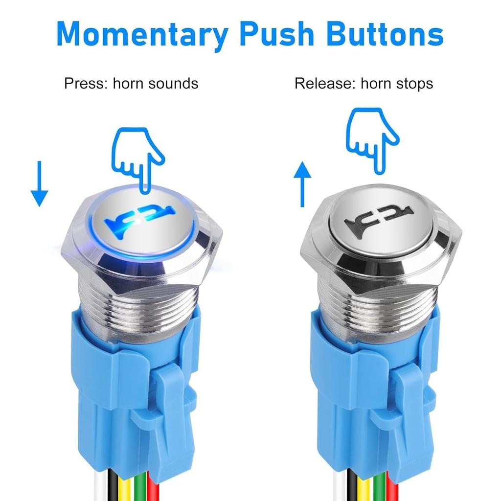 2Pcs Horn Button Switch, 16MM Momentary Push Button Switch LED Metal Horn Speaker for 12V Marine Boat Auto, Blue