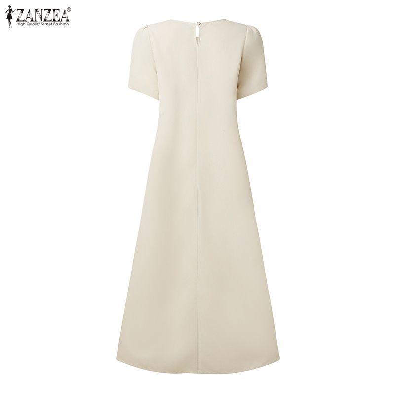 ZANZEA Women Casual Round Neck Solid Color Short Sleeve Dress