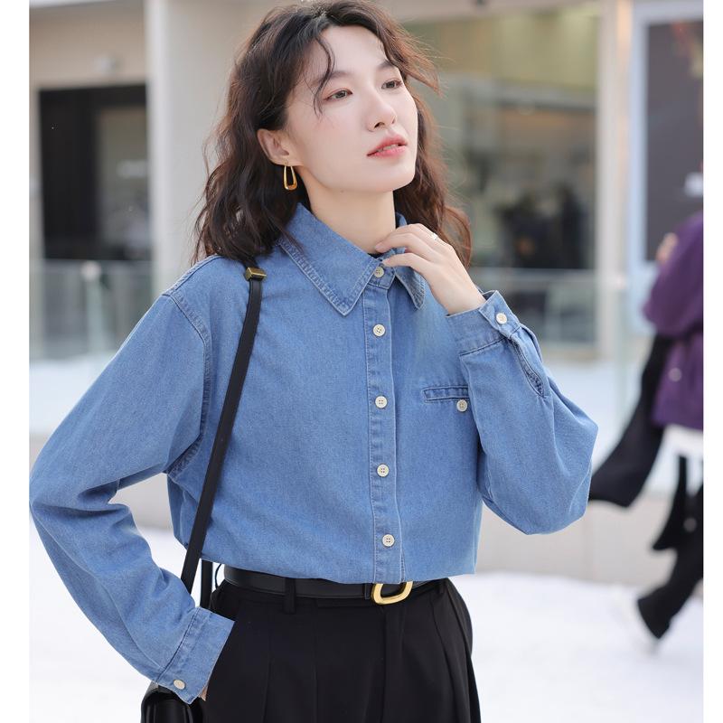 Real shot spring and autumn popular retro lazy denim shirt jacket thin top women's small 1116 spring and autumn new models