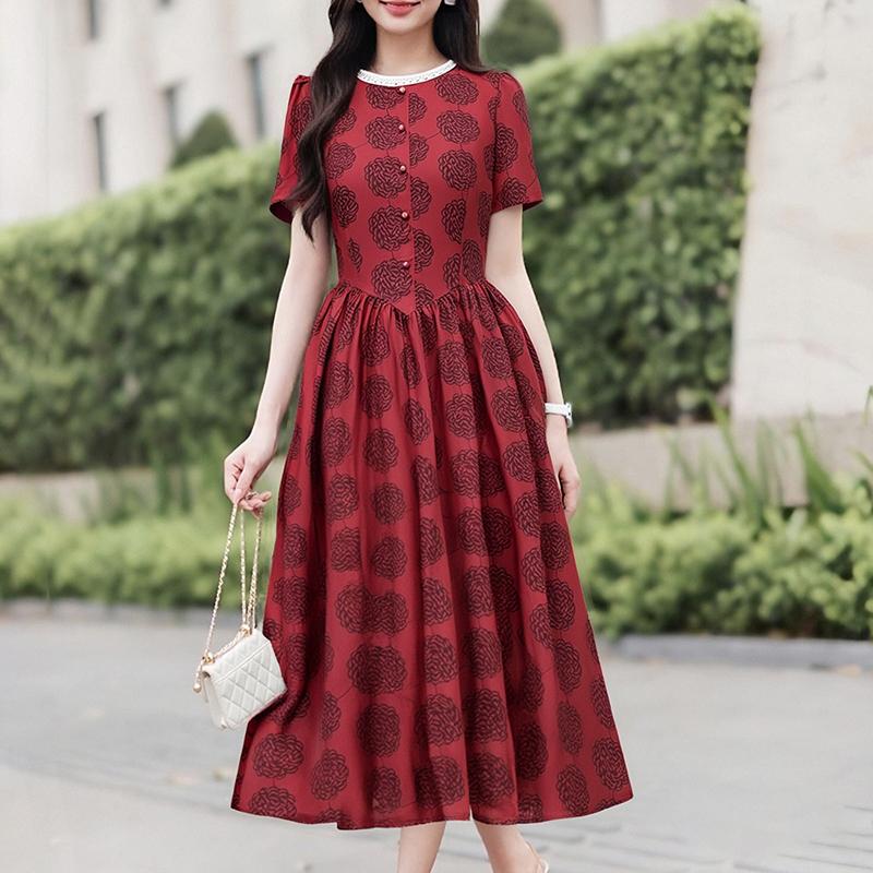 ZANZEA Damen Sommer Spitze Einsatz Rundhals Lässig Kurzarm Druck Kleid