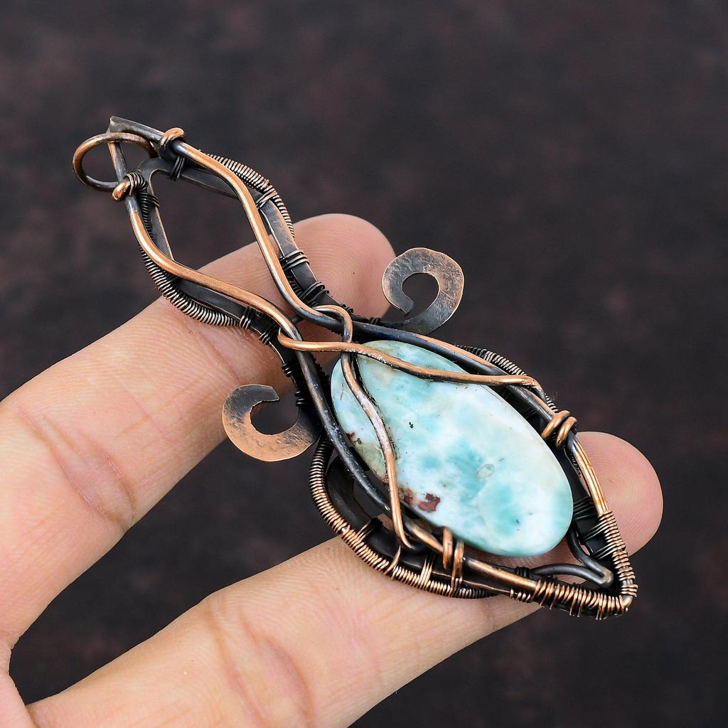 Larimar Anhänger Kupferdraht umwickelter Edelsteinanhänger Handgefertigter Drahtumwickelter Anhänger Larimar Kupferschmuck Hochzeitsgeschenk Ethnischer Stil Anhänger