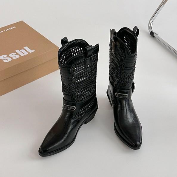 Fashion versatile woven hollow short boots retro western cowboy boots women's old brown pointed boots knight boots