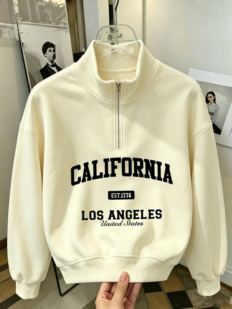 Damen-Sweatshirt für Herbst und Winter mit Stehkragen, halbem Reißverschluss, schulterfrei, lockerem Schnitt und trendigem Aufdruck