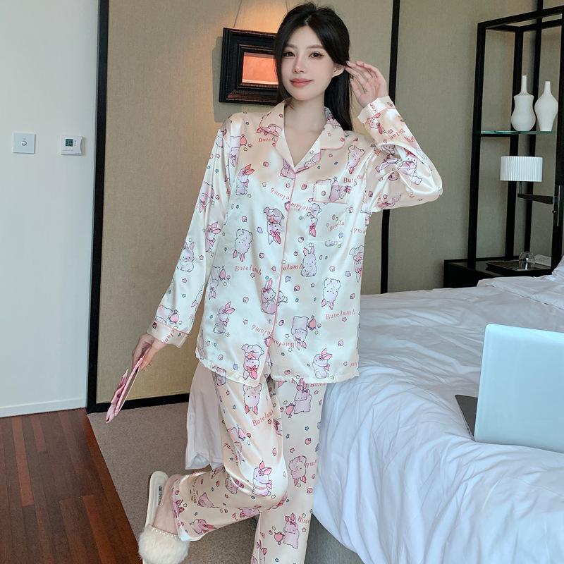 Cute Bunny Cartoon Ice Silk Pajamas Women'S Spring And Autumn Thin Long-Sleeved Trousers Two-Piece Loungewear