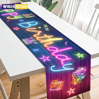 Happy Birthday Neon Glow Table Runner Fluorescent Ball Star Design Table Flag Birthday Party Supplies Birthday Party Table Decor