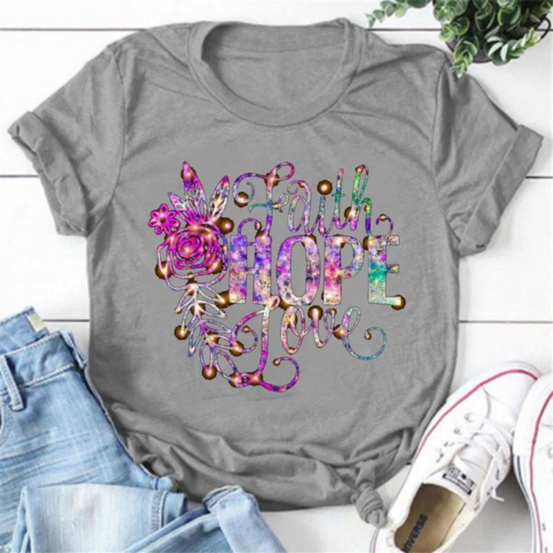 FAITH HOPE LOVE Purple Flower Print Women T Shirt Short Sleeve O Neck Loose Women Tshirt Ladies Tee Shirt Tops Camisetas Mujer