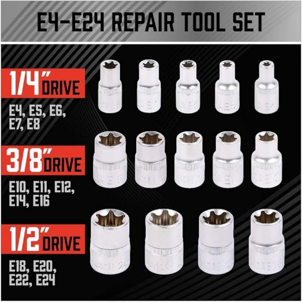 SEDY 14-Piece E-TORX Socket Set - Premium Female Torx Socket Set, Torque Star Sockets, External Torx Sockets, E4 E5 E6 E7 E8 0 1 2 4 6 8 E