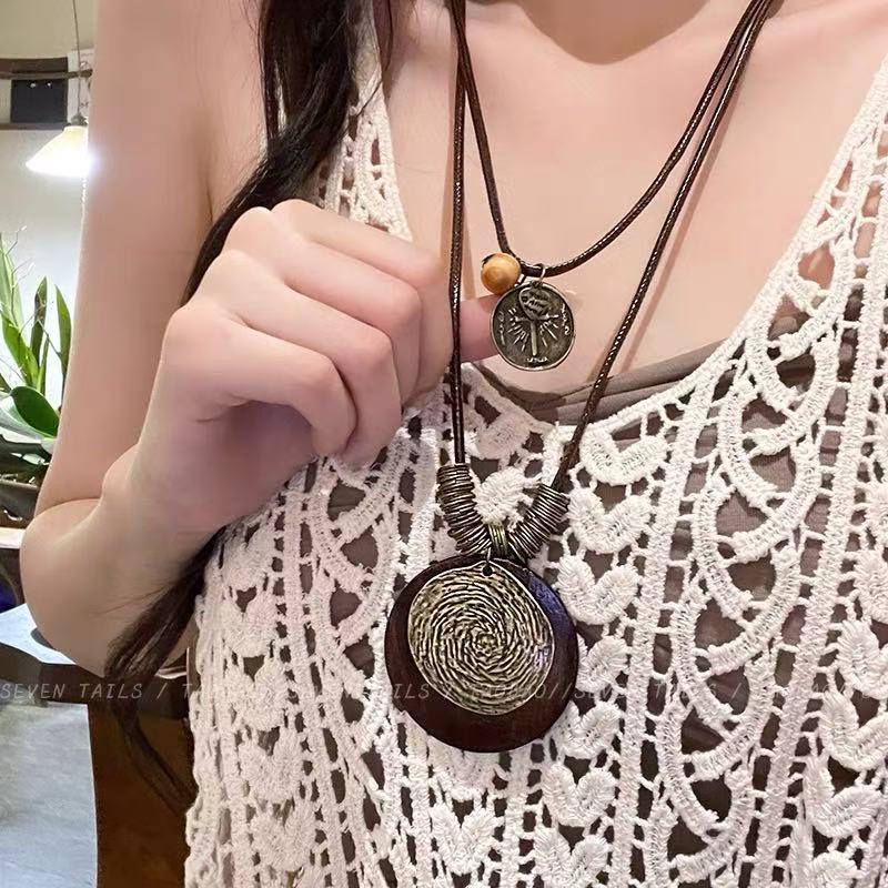 Zen-Inspired Long Feather Necklace - Women's Ethnic Layered Chain with Retro Style