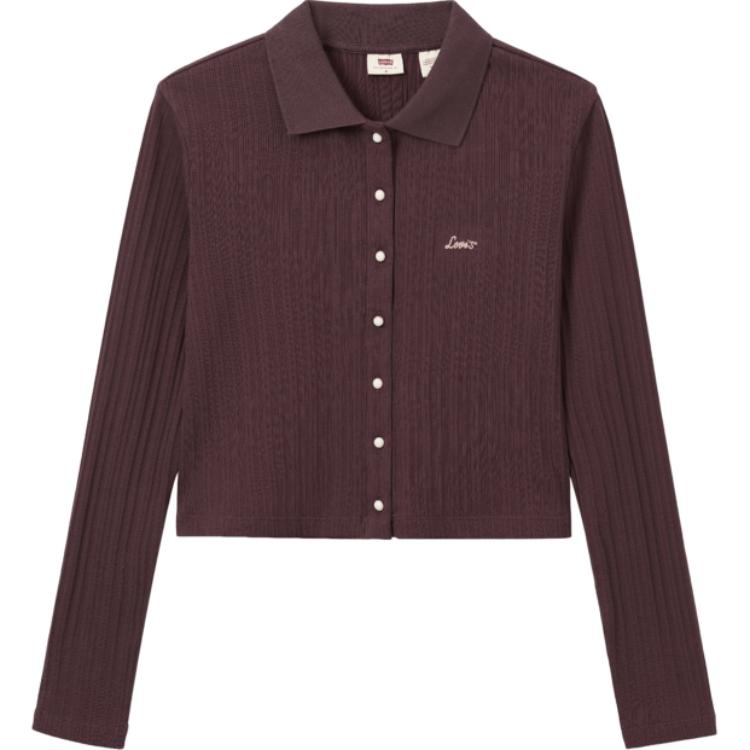 Levis Slim Fit Simple Fashion Long Sleeve Regular T-Shirt Women Tops Wine-Red 0018P-0000