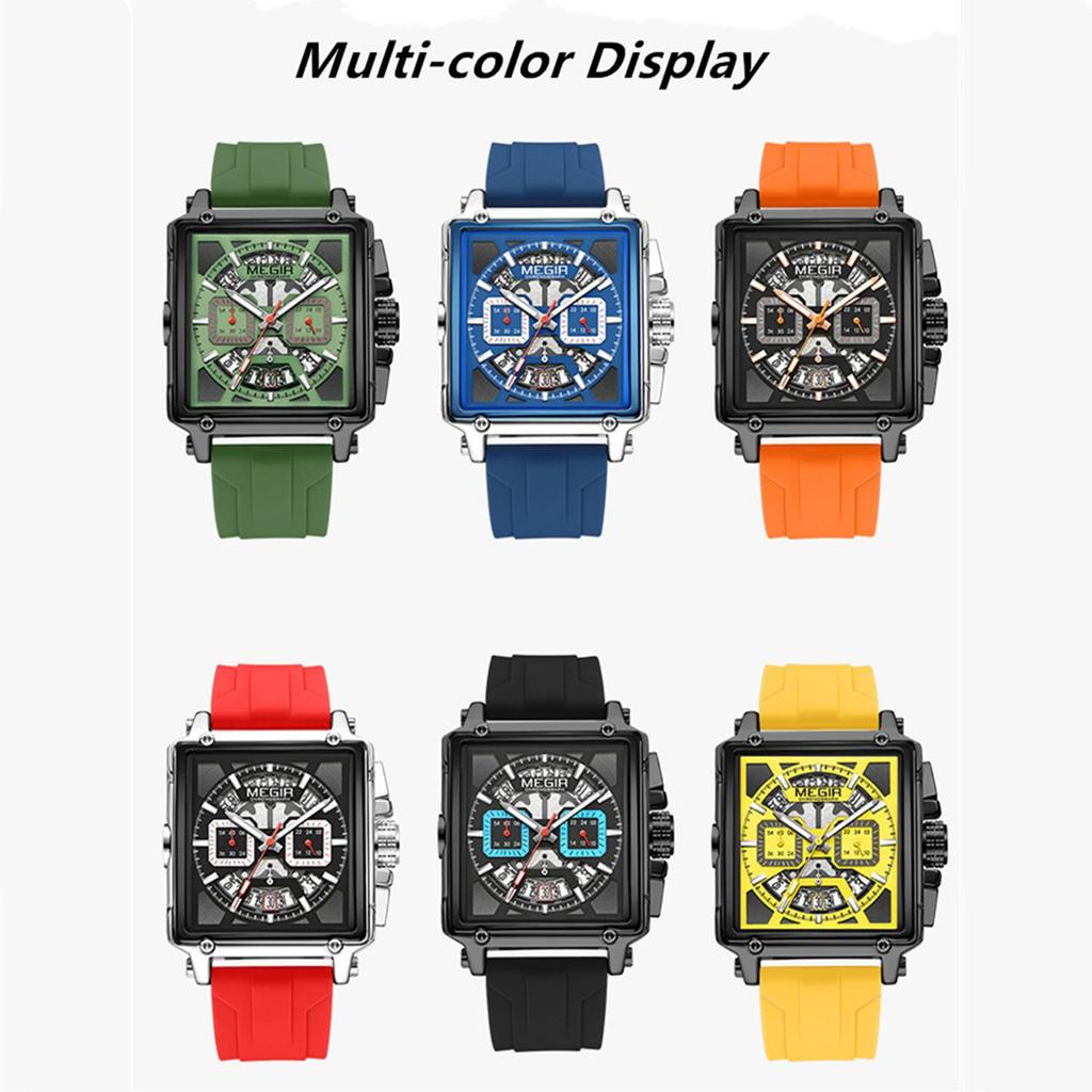 MEGIR Men's Square Chronograph Watch 3ATM Waterproof Quartz Sport Wristwatch for Men with Date & Stopwatch Relogio Masculino