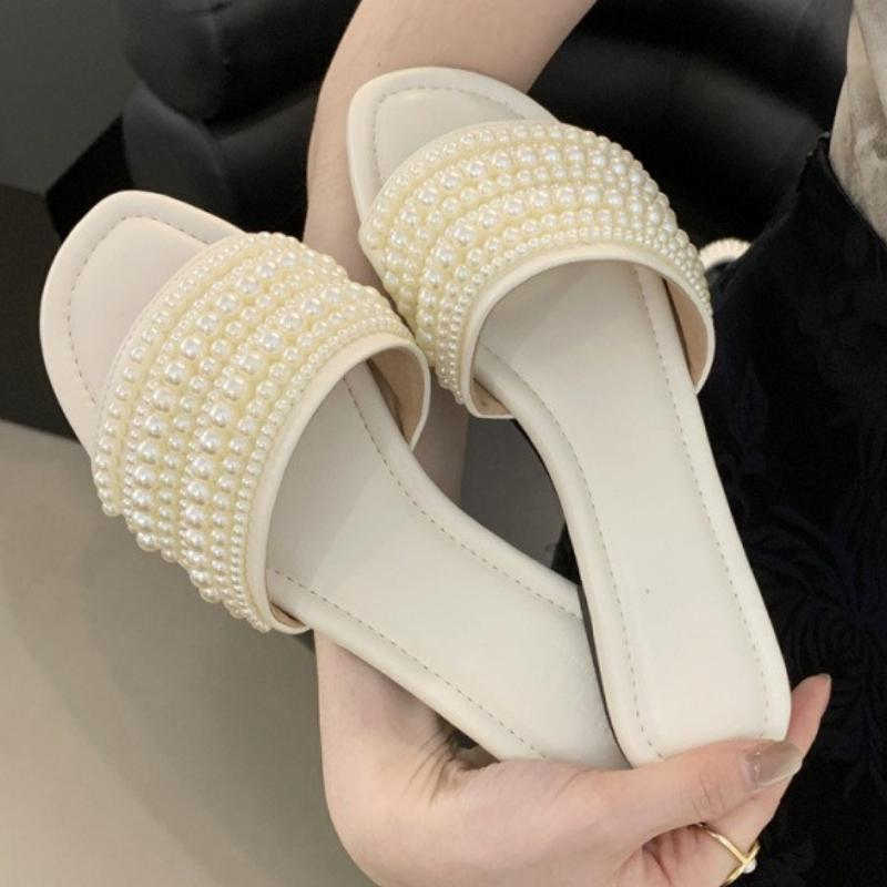 

Fashion Elegant String Bead Decoration Slippers Women Comfort Open Toe Design Brand Flat Sandals Summer Outwear Vacation Beach Sandals 35 абрикосовый