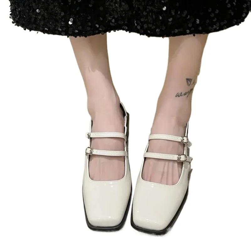 Fashion 2024 New Baotou Sandals Women Retro Square Headed Thick Heels High Heels Back Hollow Line with Bright Leather Shoes