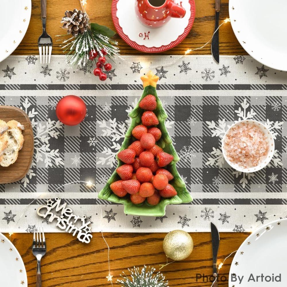 Artoid Mode Buffalo Plaid Snowflakes Christmas Table Runner, Seasonal Winter Kitchen Dining Table Decoration for Home Party Decor 13x72 Inch