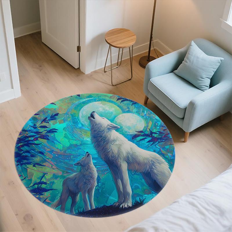 Two White Wolves,Round Area Rug,Carpet Rug for Living Room Bedroom Sofa Playroom Decor,Non-slip Floor Mat