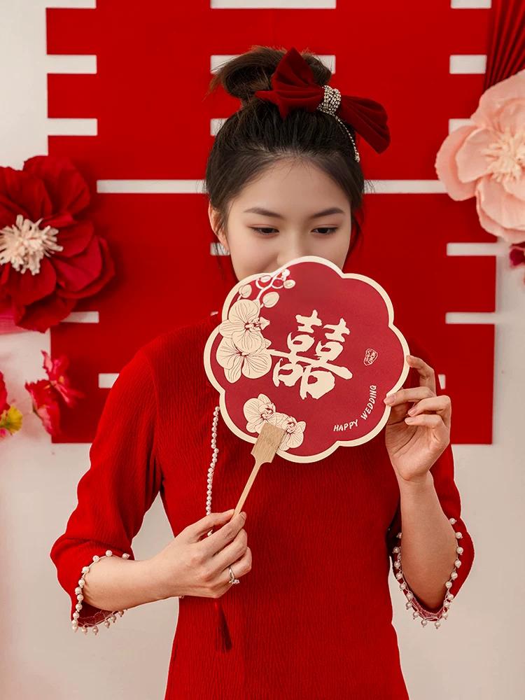 Wedding Bride and Bridesmaid Chinese Ancient Style Xiuhe Double-Sided Classy Circular Fan Sisters Group Chinese Wedding Photo Prop Fan
