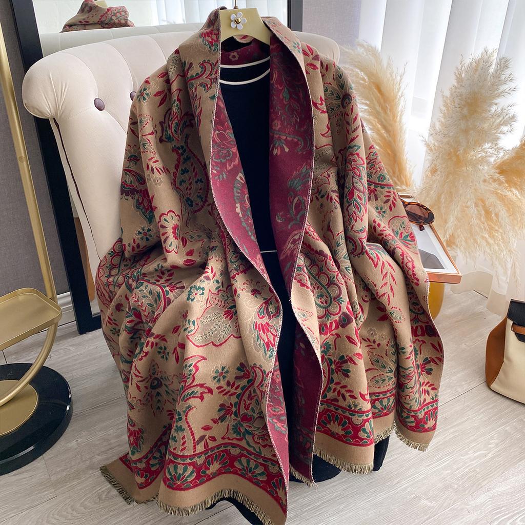 Neue Modemarke Blumen Schal Damen Wärmer Winter Pashmina Nationalstil Schals Stolen Weiblich Dicke Decke Wickeltücher Foulard