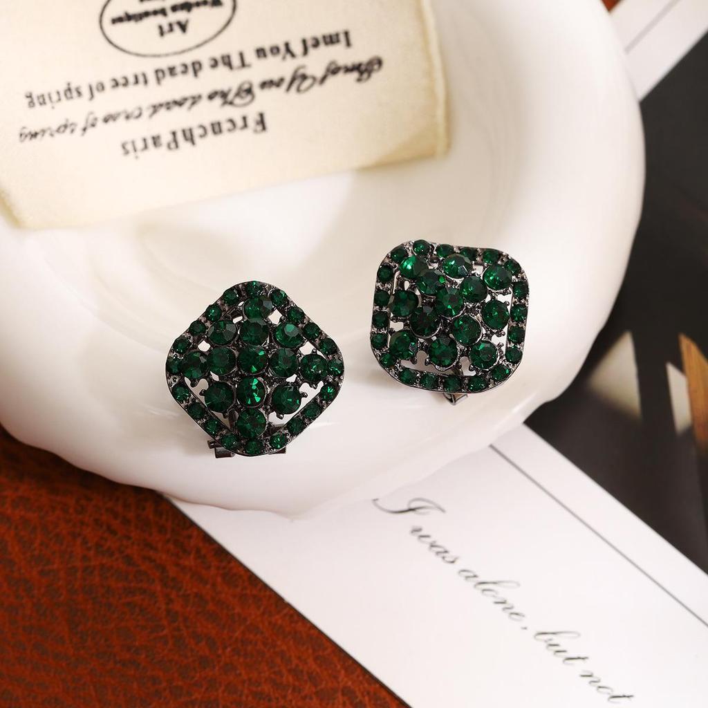Silver Needle Rhinestone Stud Earrings - Luxurious Green Geometric Design