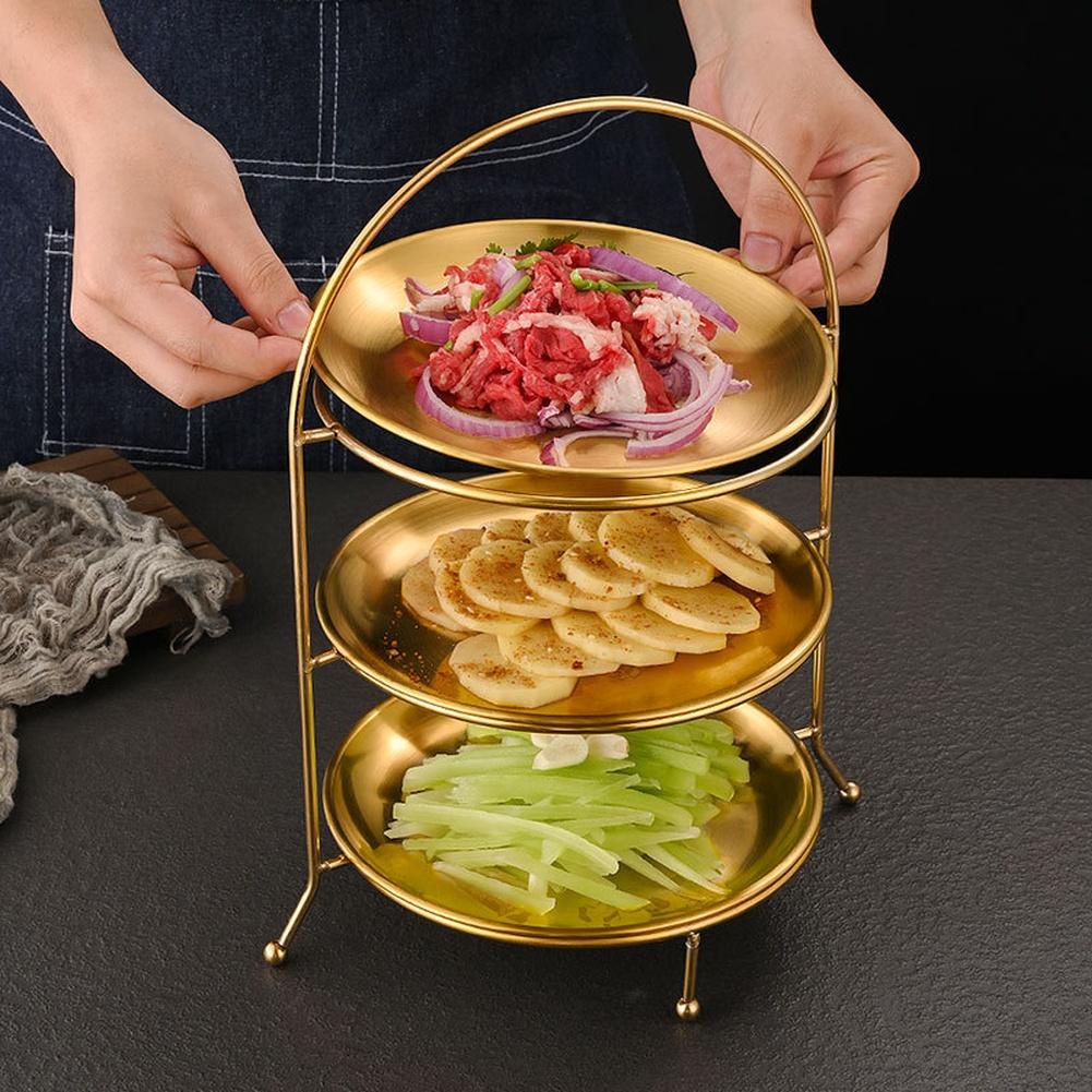 Mehrstöckiges rundes Tablettgestell aus Edelstahl für BBQ Hot Pot Servierständer mit glatt polierter und rostbeständiger Oberfläche