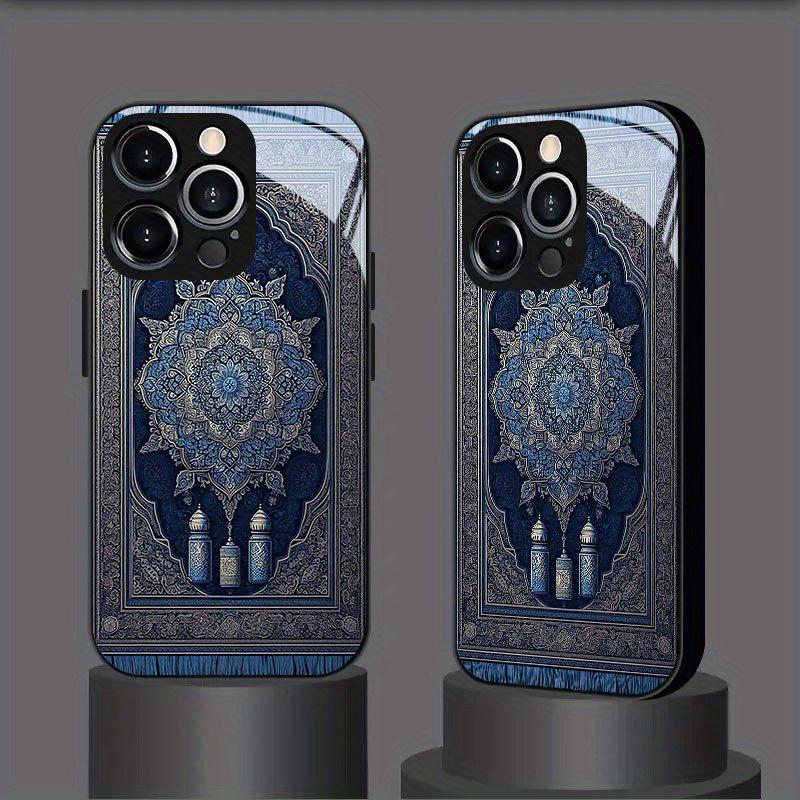 Blue carpet patterned glass phone case suitable for iPhone 17 16 15 14 13 12 11 Pro/Max/Plus shockproof back cover