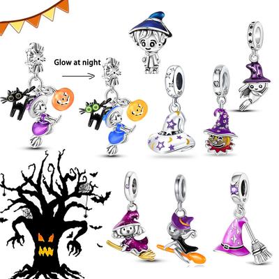 Copperhalloween Luminous Magic Hat Witch Black Cat Pumpkin Charm Bead Fit Original Brand Bracelet Jewelry Gift