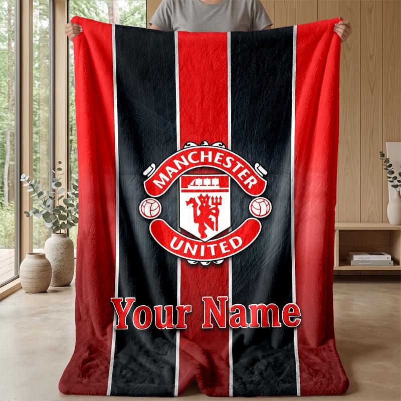Coperta in Flanella Personalizzata con Nome Testo Manchester United Logo Calcio Plaid in Pile Personalizzato Regalo Speciale per Divano Camera da Letto Casa