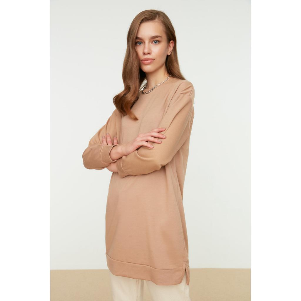 Orangefarbenes Basic-Strick-Sweatshirt mit Schlitz und Rundhalsausschnitt, Tctaw22tw0138