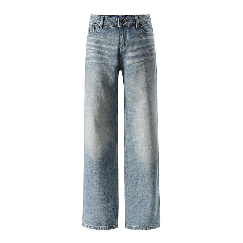 New Slim-Fit Mid To Low Waist Retro Heavy Wash Straight Leg Denim Jeans XS