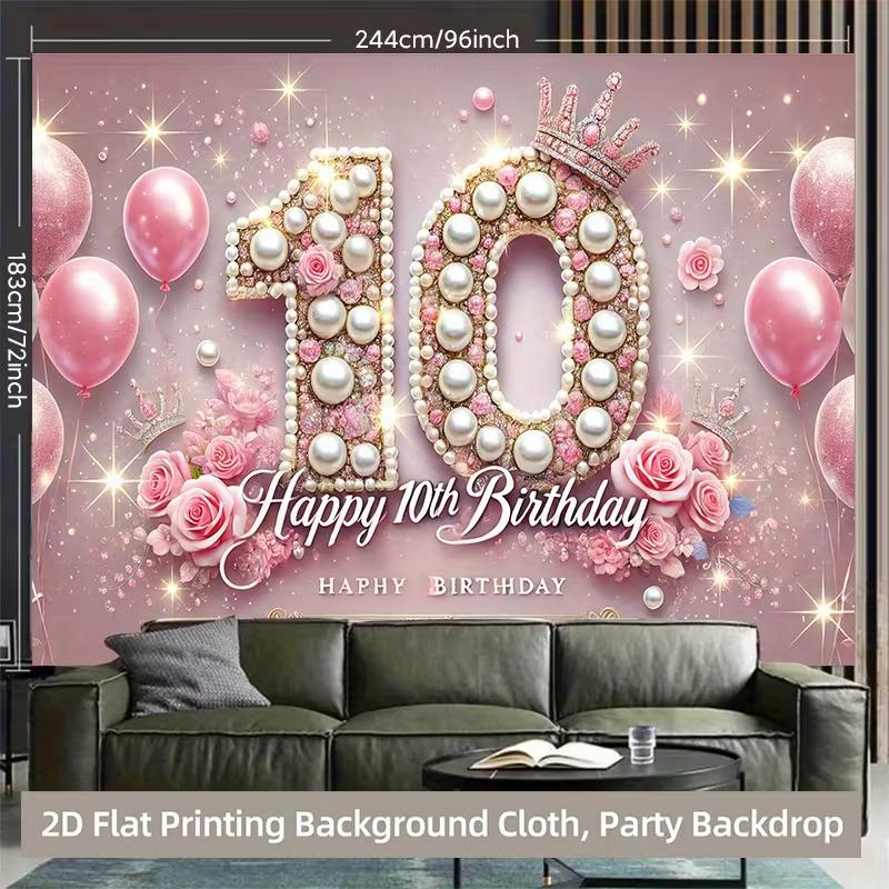2D 10th Birthday Crown Backdrop Banner for Princess Themed Party Supplies