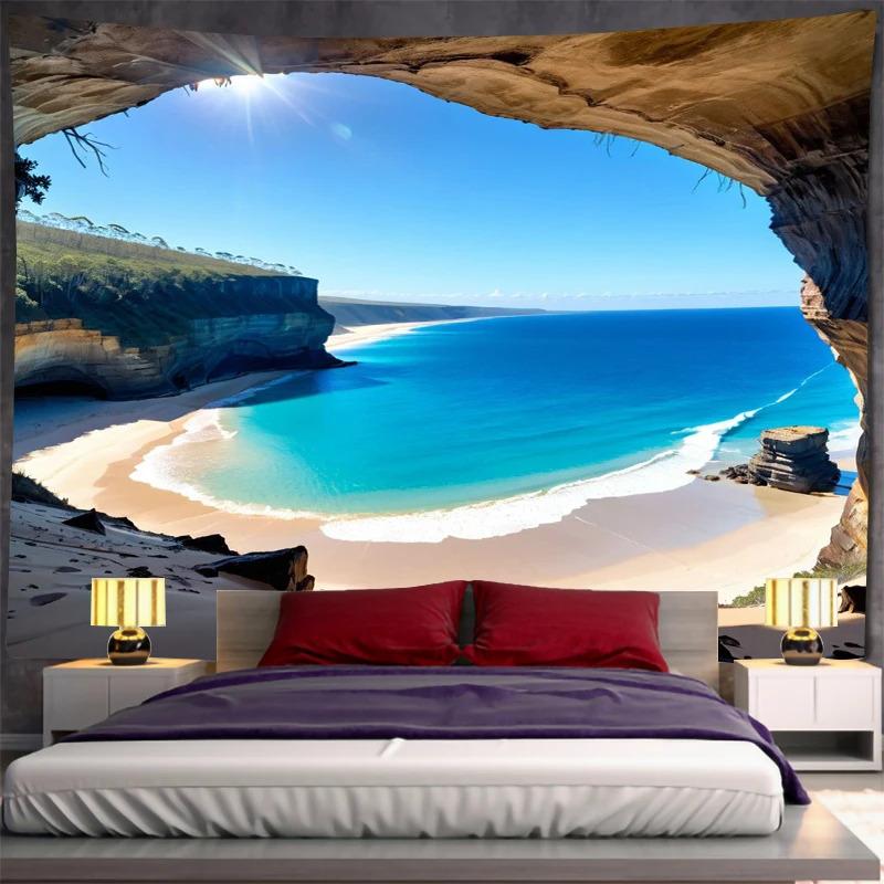 Tapestry with Sea Cave Design, Wall Hanging Decoration, Polyester Printed Art, Home, Bedroom, Ocean, Nature, Bohemian Style