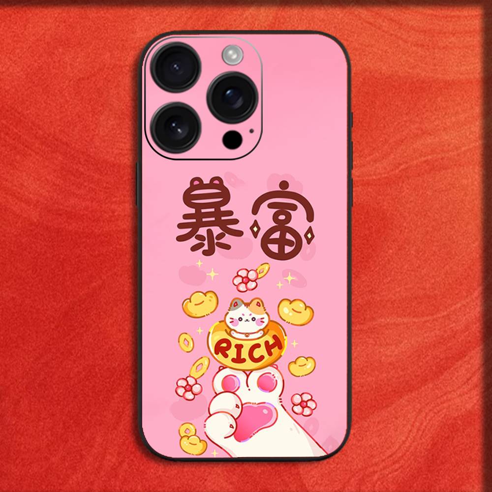 Phone Case For iPhone 16,15,14,13,12,11,Pro,XS,Max,XR,Plus,E,Mini Maneki Neko Lucky Money Cat Black Shockproof Cover