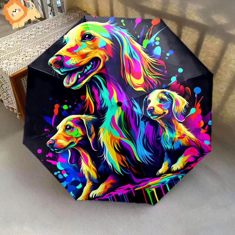 1 PC Automatic Folding Umbrella - Colorful Dogs Artwork Pattern, Portable & Foldable Design with 8 Ribs, Christmas Birthday Gifts