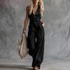 Sommer Damen Jumpsuit V-Ausschnitt Ärmellos Knopfleiste Vorne Lässig Locker Weites Bein Hosen Damen Langer Romper Overall mit Dual