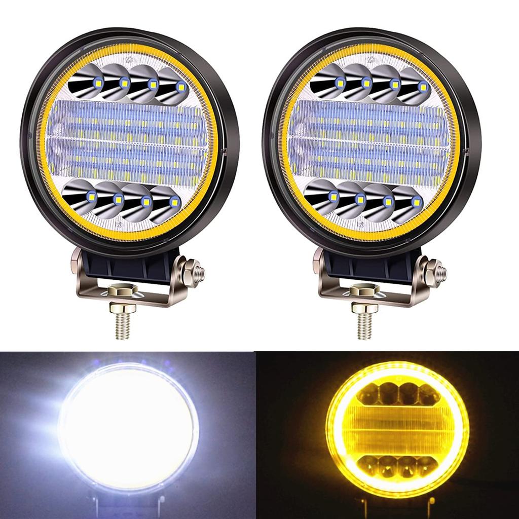 72W LED Work with Yellow Halo Ring Light, 4.5-inch Round, Wide/Narrow Angle, White, 6500K, 12V-80V Compatible, Waterproof, Universal,