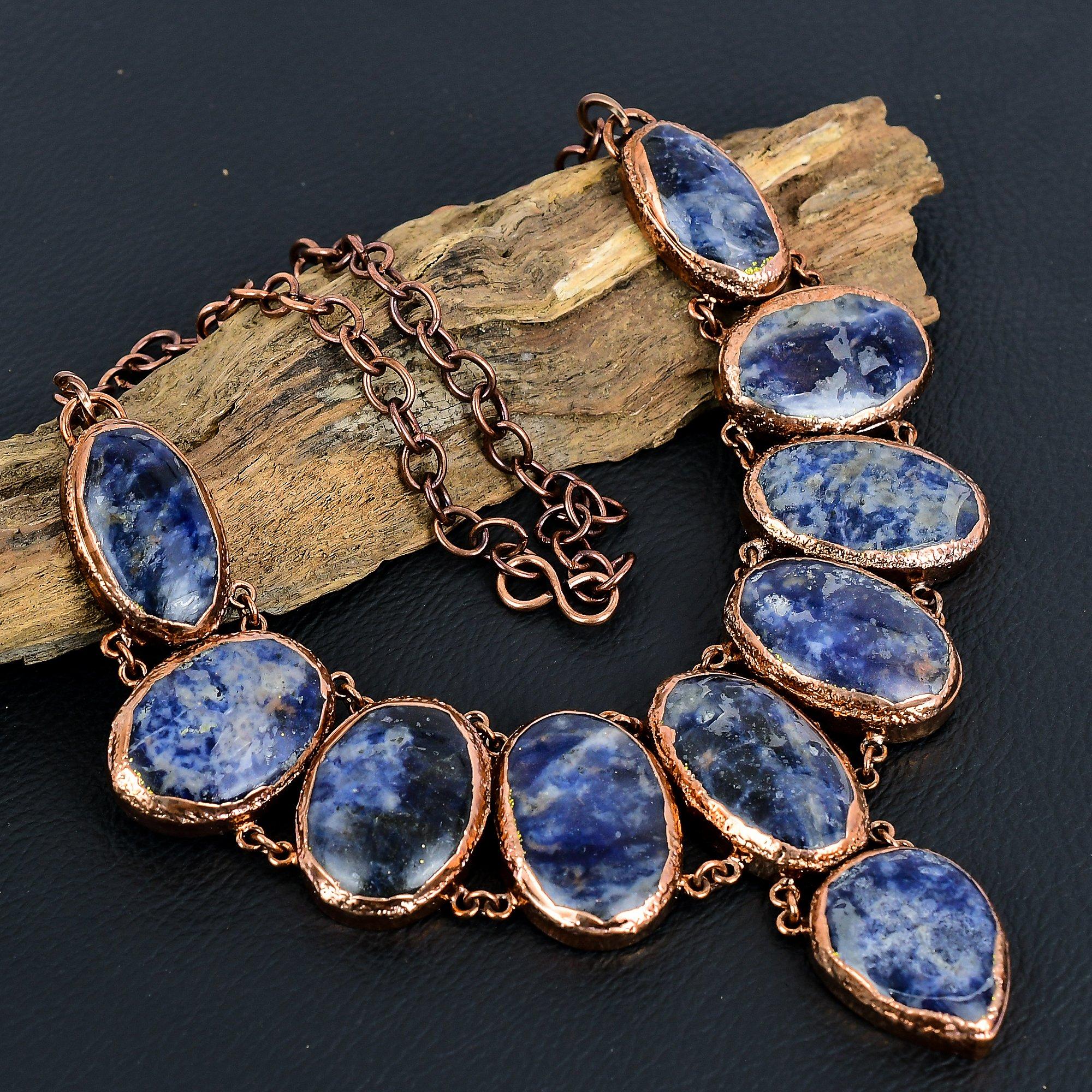 

Содалитовый кулон, украшения из драгоценных камней, ожерелье с гальваническим покрытием из меди, регулируемое ожерелье-цепочка ручной работы, подарок для жены, ювелирные изделия