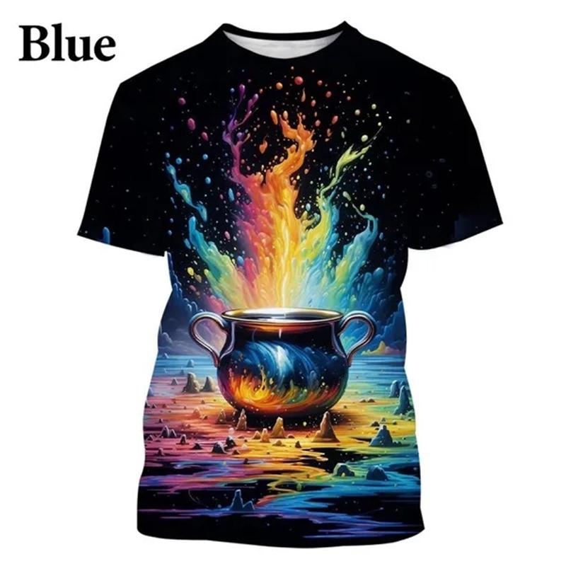 Camiseta colorida com estampa 3D de arco-íris e respingos de tinta para homens e mulheres, roupas da moda, camisetas, gola redonda, manga curta, camisetas