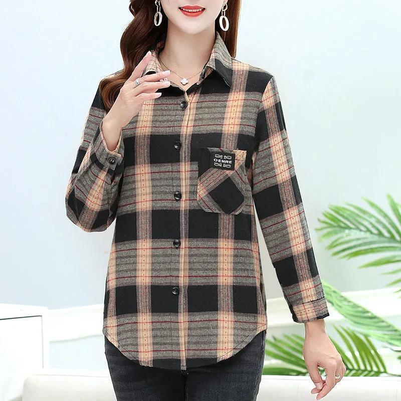 Spring Autumn Mom's Elegant Harajuku Plaid Tops Women Loose Casual All Match Lady Shirt Polo Collar Button Long Sleeve Shirt