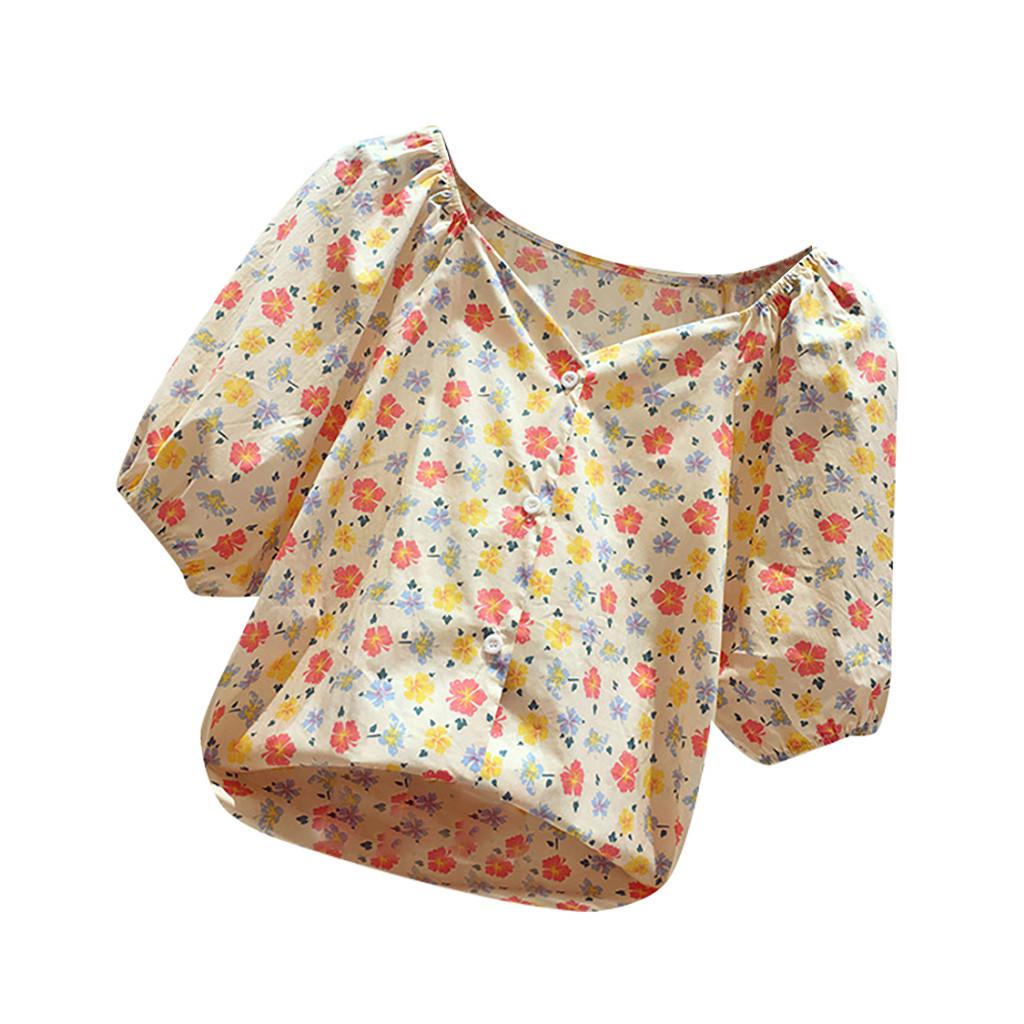 Fashion Womens Button Puff Short Sleeve Square Collar Printed Ladies Tops Shirts