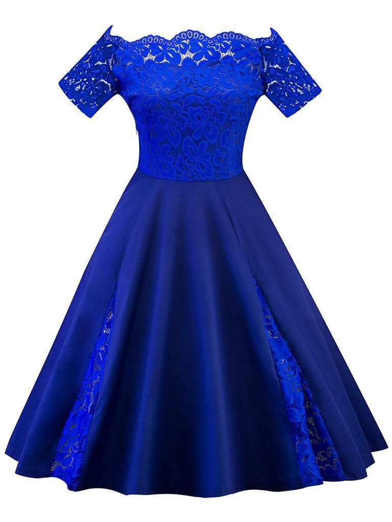 Elegant Plus Size Lace Dress With Off Panel Shoulder Design And High Waist Silhouette For Sophisticated Occasions