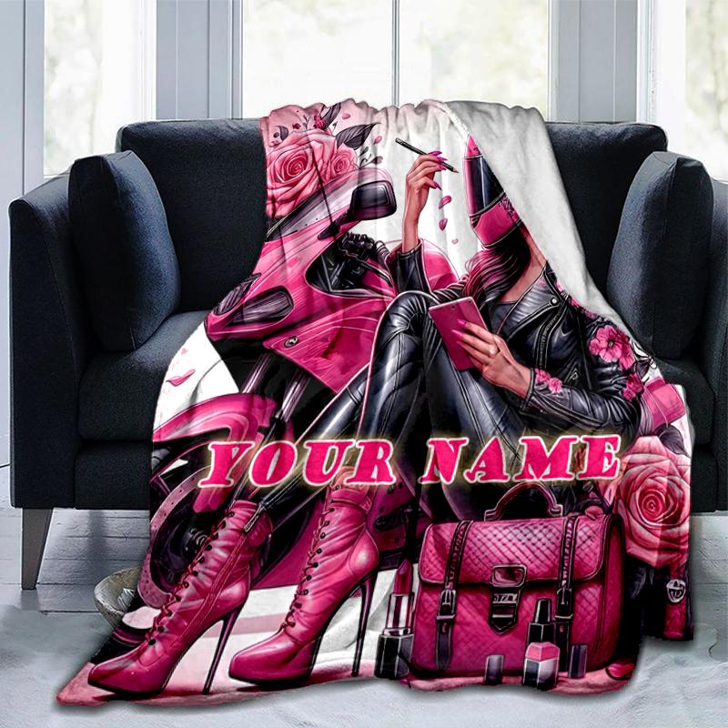 1PC Custom Name Pink Motorcycle Fashion flannel blanket versatile,all-season throw suitable for the living room,bedroom,camping,travel,and gift