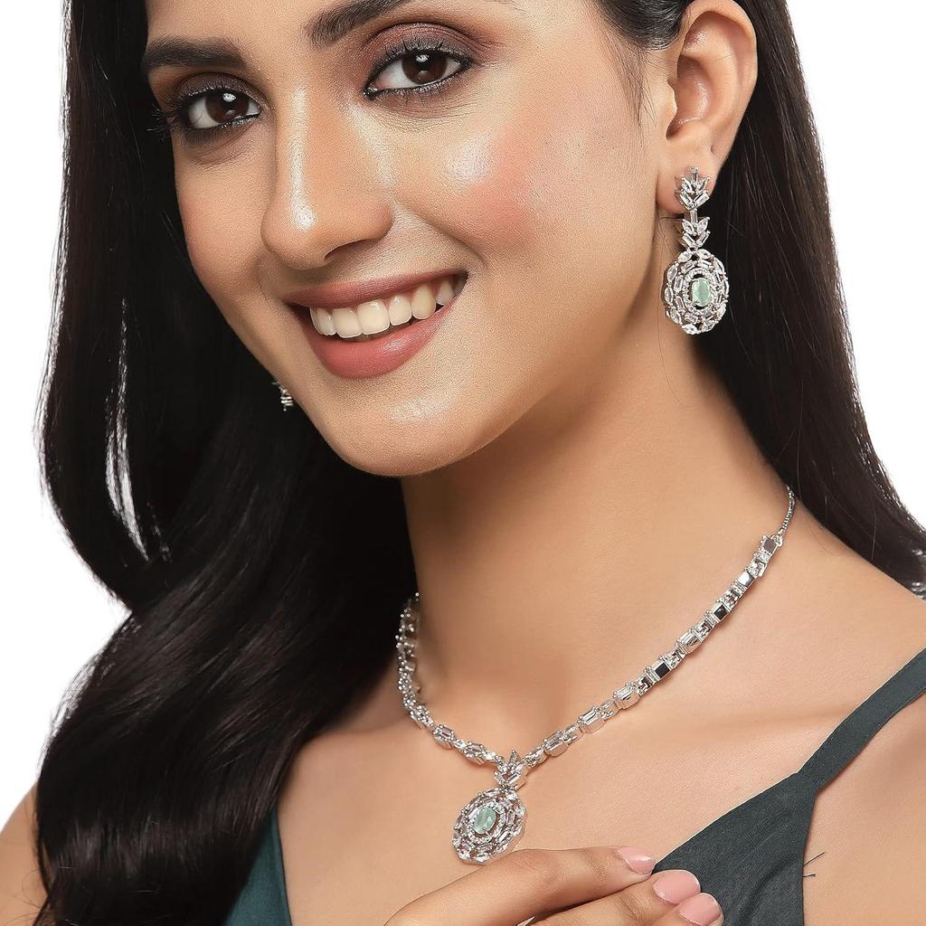 Rhodium-Plated Silver Toned Square & Circular Shaped American Diamond Studded Necklace with Earring Jewellery Set for Girls and Women