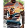 Summer Round Neck 3D Print Funny Cat Pattern Top Fashionable Casual Short Sleeved Men's T-shirts
