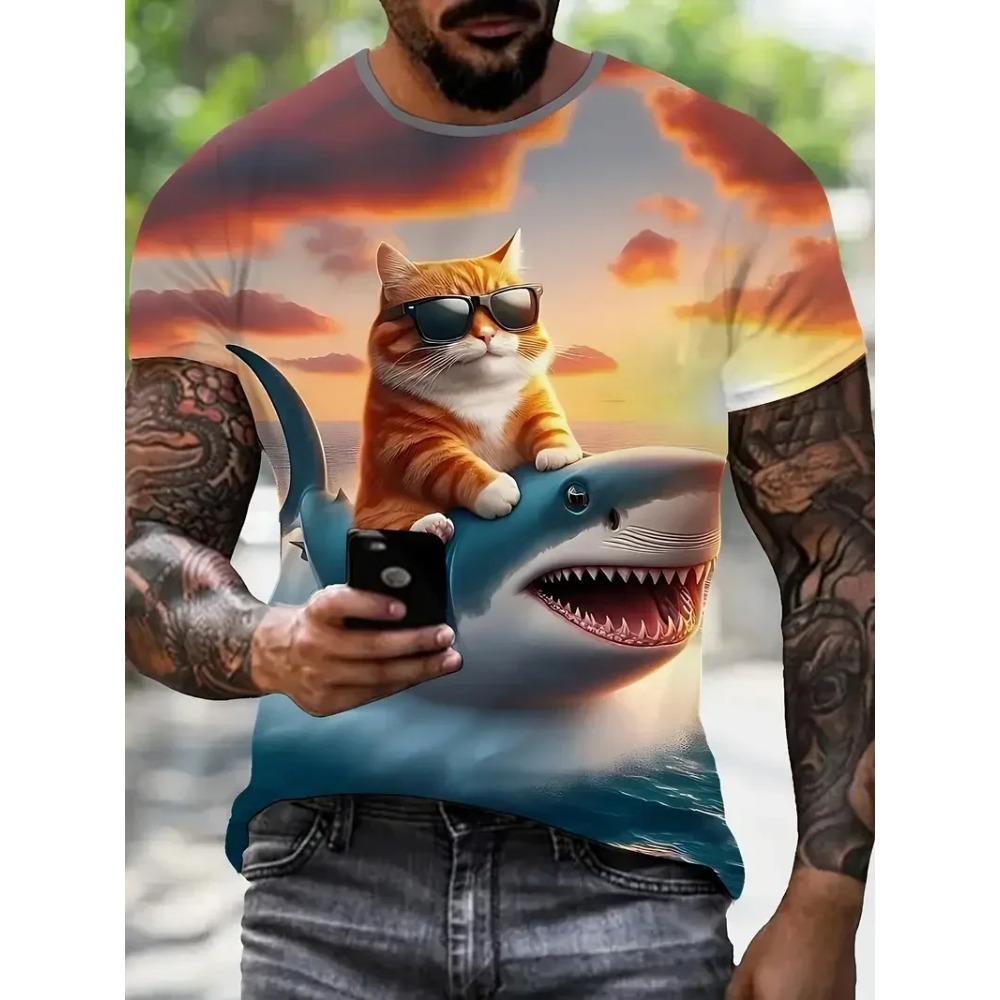 Summer Round Neck 3D Print Funny Cat Pattern Top Fashionable Casual Short Sleeved Men's T-shirts