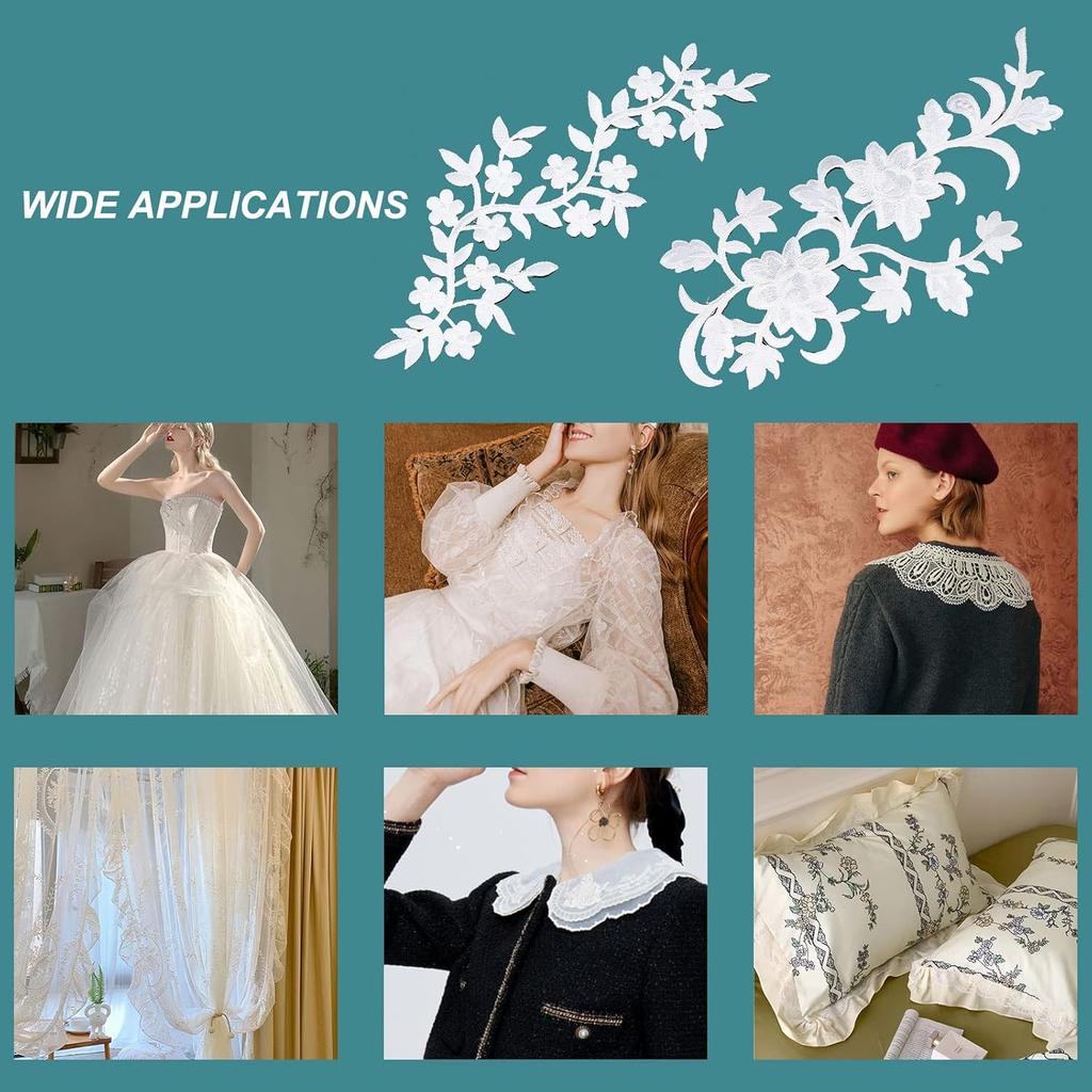 PH PandaHall 4pcs Flowers Iron On Patches, 2 Styles White Embroidery Applique Decorative Patches Embroidered Patch for DIY Cloth Jeans Hats Shirts