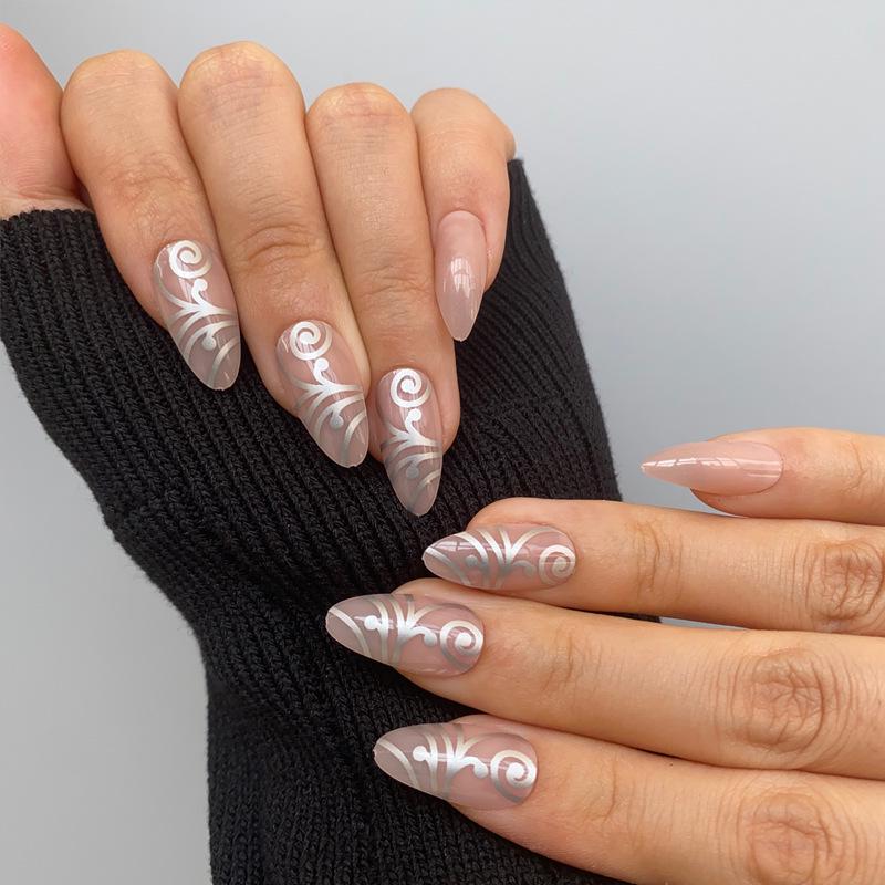 

Medium Long Almond Silver Pattern Hot Girl Wearable Nail Art Stickers Glue Style