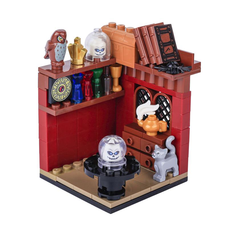 MOC Steine Mittelalter Alchemie Raum Küche Zauberer Trank Bausteine Teufelsquelle Schloss Straßenlaterne Hexen Figuren Szene Schädel